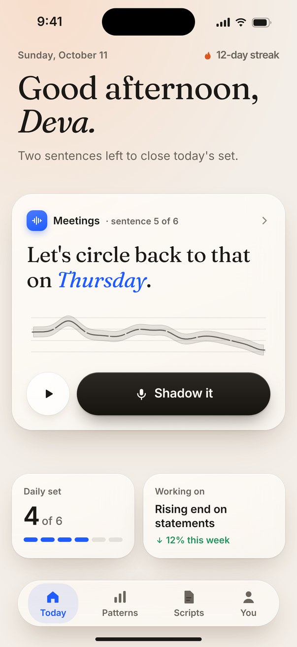 Shadowtone Today screen: a daily set of sentences with a Shadow it button.