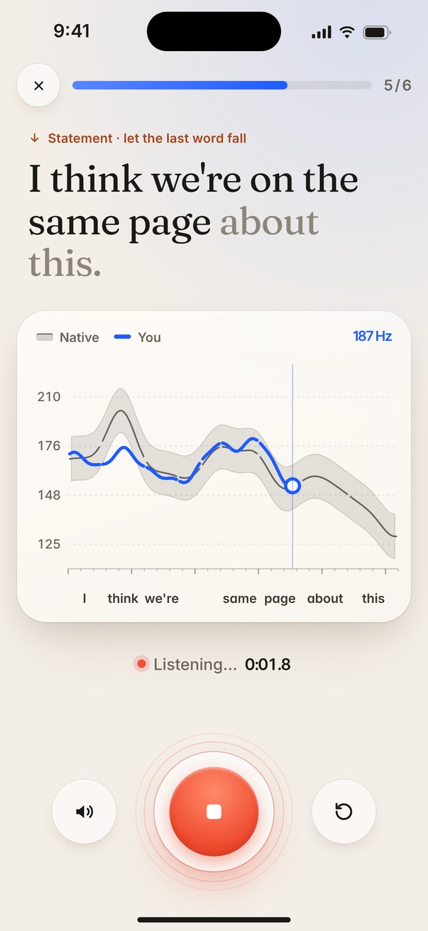 Shadowtone Session screen: a live pitch chart in hertz comparing your line with the native model while recording.