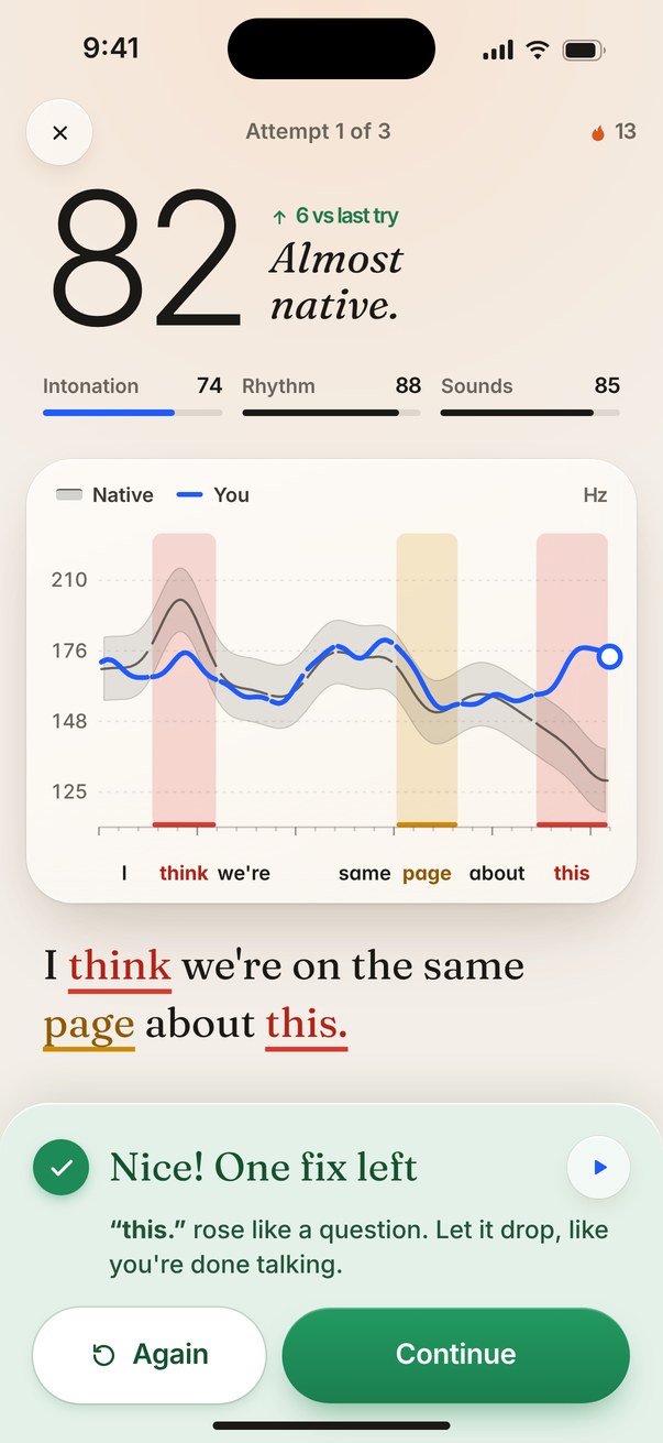 Shadowtone Result screen: score 82 with intonation, rhythm and sounds sub-scores, a pitch chart of your voice against the native model, and a coaching tip: Nice! One fix left.